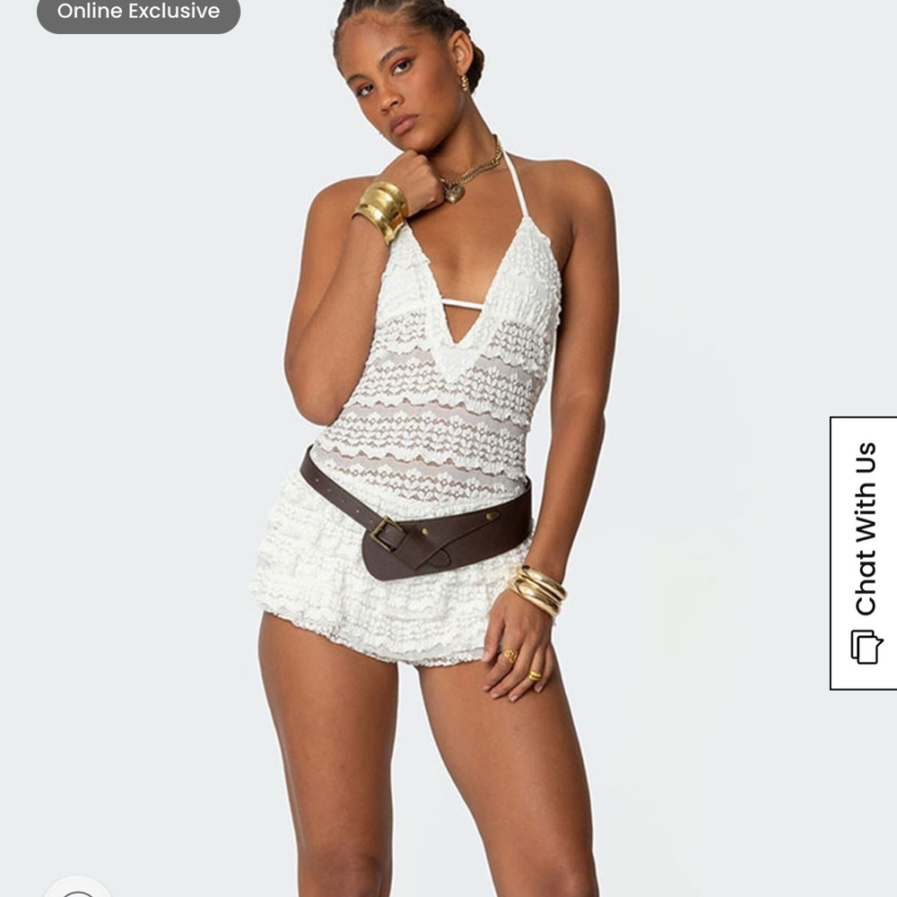 White Lace Halter Edikted Lanney Ruffled Sheer Lace Romper NEW with tags!